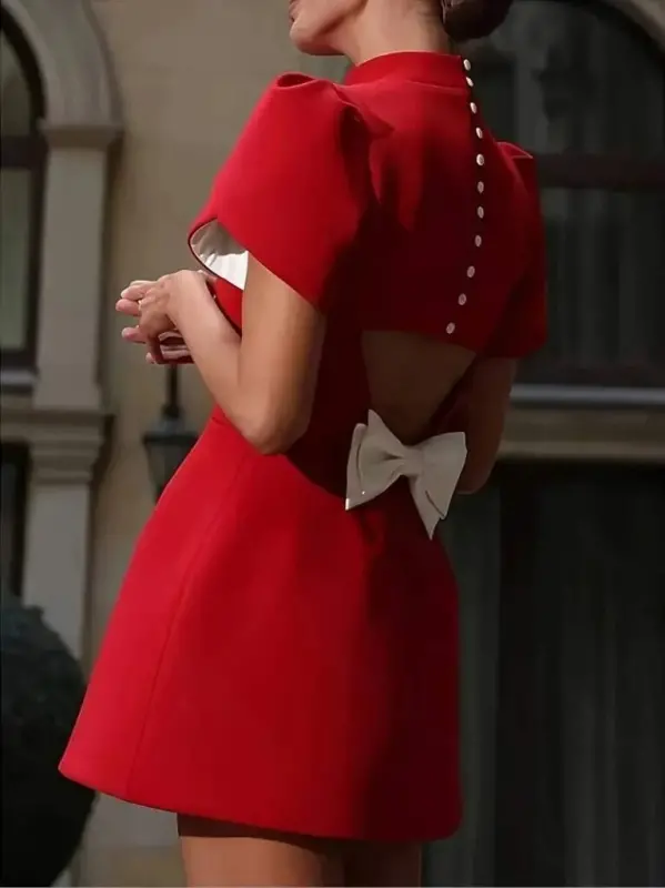 Women's Short Sleeve Turtleneck Butterfly Back Detail Short Satin Dress - 6