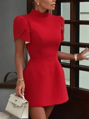 Women's Short Sleeve Turtleneck Butterfly Back Detail Short Satin Dress - 7