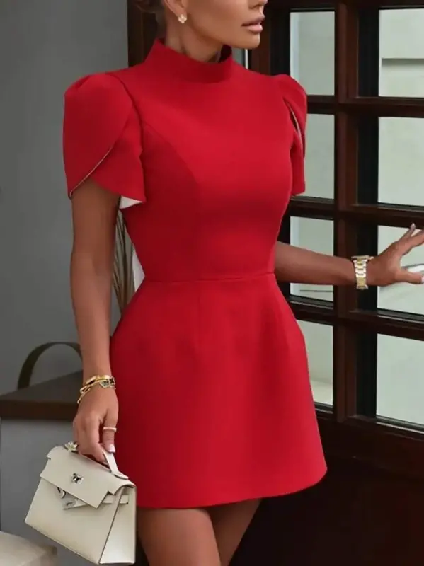 Women's Short Sleeve Turtleneck Butterfly Back Detail Short Satin Dress - 7