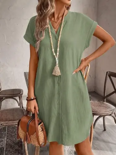 Women's Short Sleeve V Mandarin Collar Short Linen Dress - 1