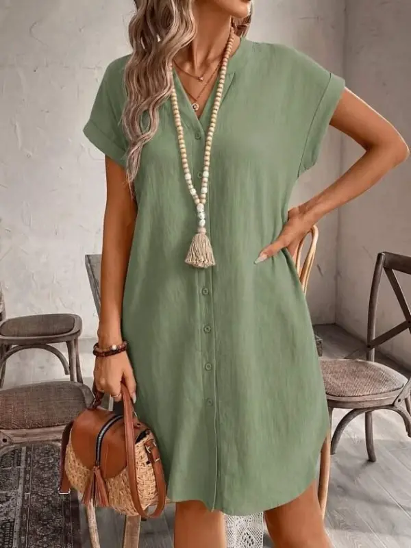 Women's Short Sleeve V Mandarin Collar Short Linen Dress - 1