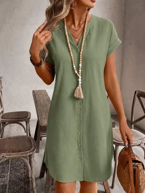 Women's Short Sleeve V Mandarin Collar Short Linen Dress - 2