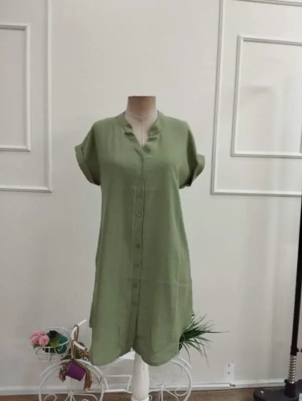 Women's Short Sleeve V Mandarin Collar Short Linen Dress - 4