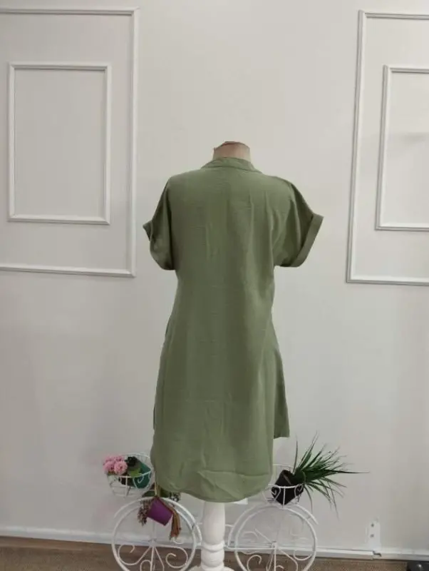 Women's Short Sleeve V Mandarin Collar Short Linen Dress - 5
