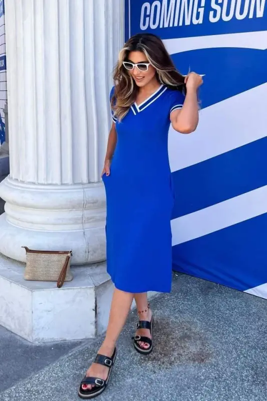 Women's Short Sleeve V-Neck And Neck Ribana Detail Midiboy Viscose Dress - BÜYÜKBEDENIZ