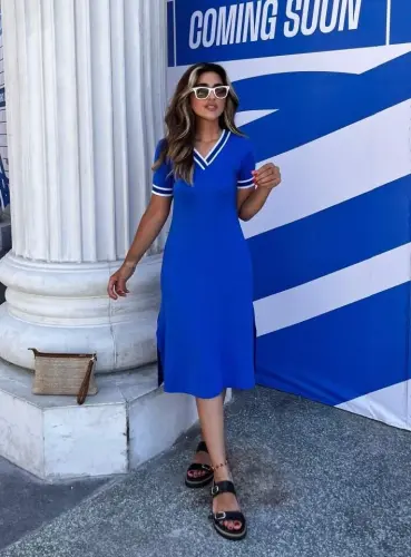 Women's Short Sleeve V-Neck And Neck Ribana Detail Midiboy Viscose Dress - BÜYÜKBEDENIZ (1)