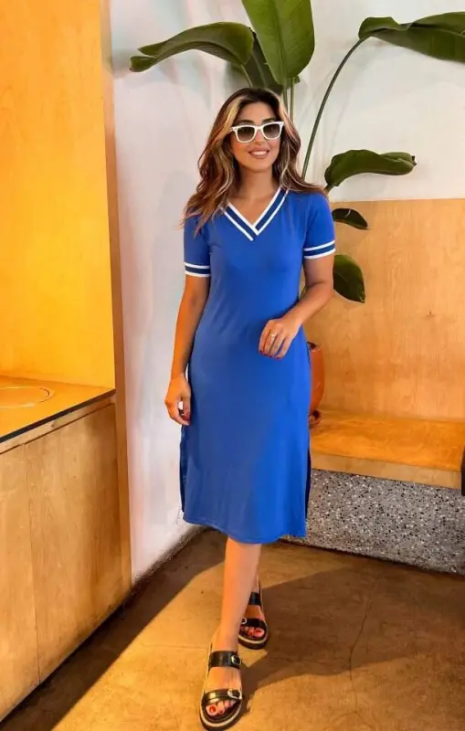 Women's Short Sleeve V-Neck And Neck Ribana Detail Midiboy Viscose Dress - 3