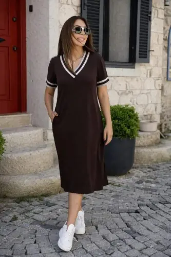 Women's Short Sleeve V-Neck and Neck Ribbed Detail Midi Viscose Dress - 2