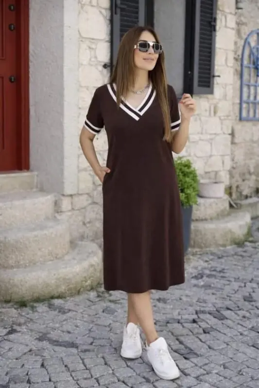 Women's Short Sleeve V-Neck and Neck Ribbed Detail Midi Viscose Dress - 3