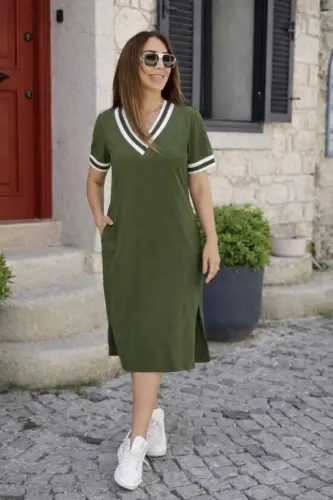 Women's Short Sleeve V-Neck and Ribbed Detail Midi Viscose Dress - BÜYÜKBEDENIZ (1)