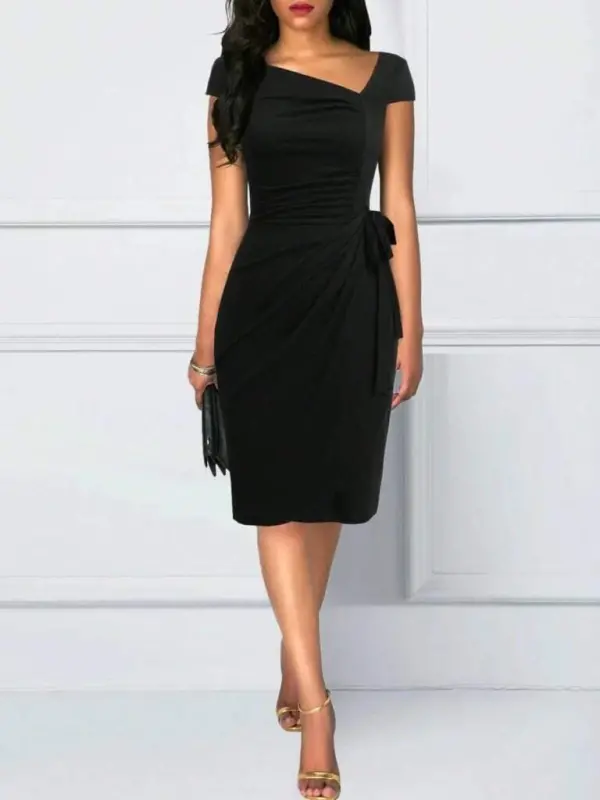 Women's Short Sleeve V-Neck Asymmetrical Cut Side Tie Mini Shimmer Crepe Dress - 1