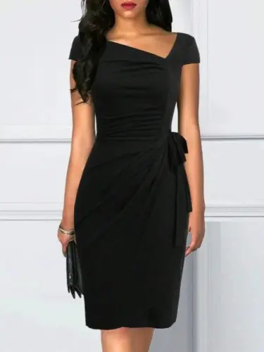 Women's Short Sleeve V-Neck Asymmetrical Cut Side Tie Mini Shimmer Crepe Dress - 2