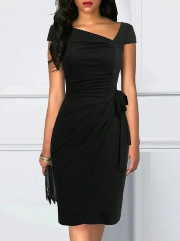 Women's Short Sleeve V-Neck Asymmetrical Cut Side Tie Mini Shimmer Crepe Dress - 2