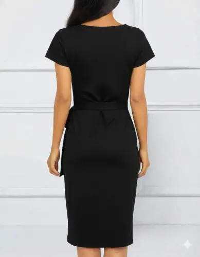 Women's Short Sleeve V-Neck Asymmetrical Cut Side Tie Mini Shimmer Crepe Dress - 3