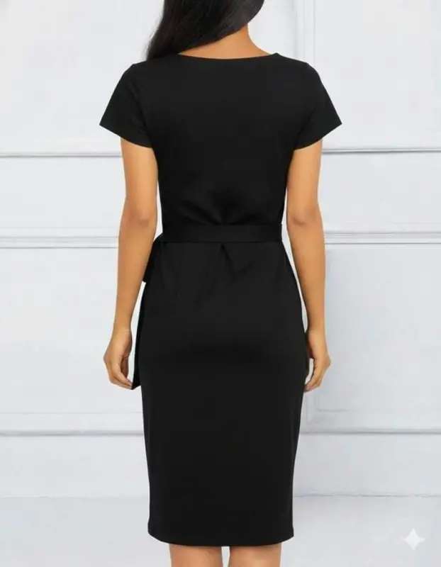 Women's Short Sleeve V-Neck Asymmetrical Cut Side Tie Mini Shimmer Crepe Dress - 3