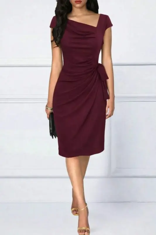 Women's Short Sleeve V-Neck Asymmetrical Cut Side Tie Mini Shimmer Crepe Dress - 1