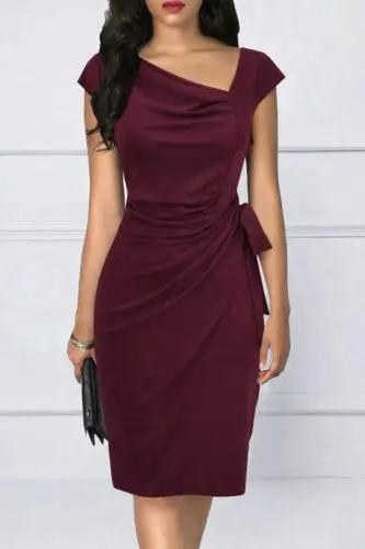 Women's Short Sleeve V-Neck Asymmetrical Cut Side Tie Mini Shimmer Crepe Dress - BÜYÜKBEDENIZ (1)