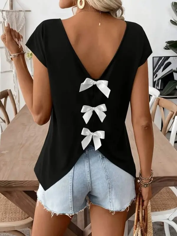 Women's Short Sleeve V-Neck Back Ribbon Detailed Viscose Blouse - 3