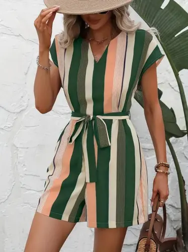 Women's Short Sleeve V-Neck Belted Linen Jumpsuit - 4