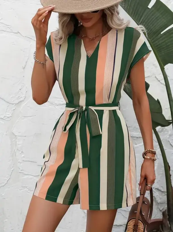 Women's Short Sleeve V-Neck Belted Linen Jumpsuit - 4