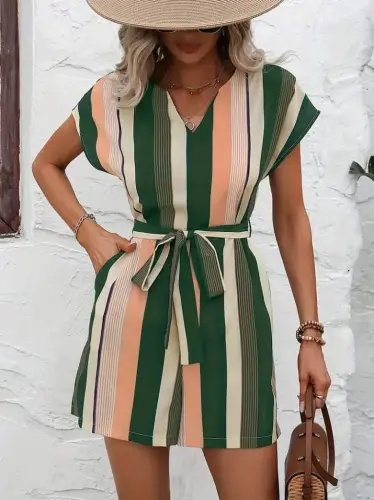 Women's Short Sleeve V-Neck Belted Linen Jumpsuit - 5