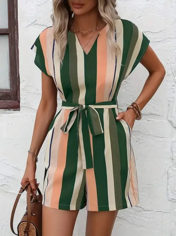 Women's Short Sleeve V-Neck Belted Linen Jumpsuit - 1