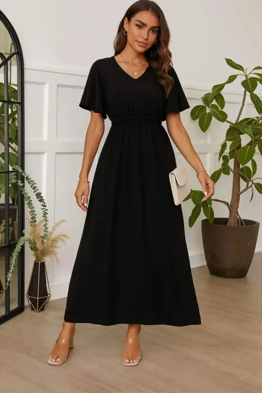 Women's Short Sleeve V-Neck Belted Long Viscose Dress - BÜYÜKBEDENIZ