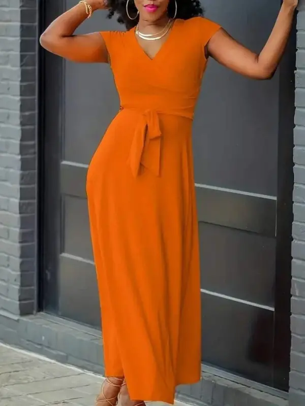 Women's Short Sleeve V-Neck Belted Maxi Viscose Dress - 1