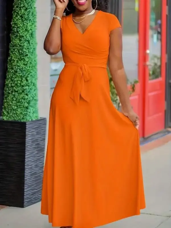 Women's Short Sleeve V-Neck Belted Maxi Viscose Dress - 2