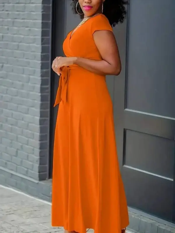 Women's Short Sleeve V-Neck Belted Maxi Viscose Dress - 3