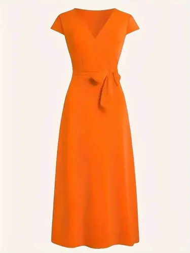 Women's Short Sleeve V-Neck Belted Maxi Viscose Dress - 5