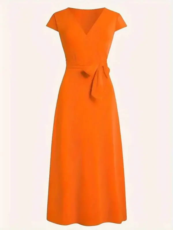 Women's Short Sleeve V-Neck Belted Maxi Viscose Dress - 5