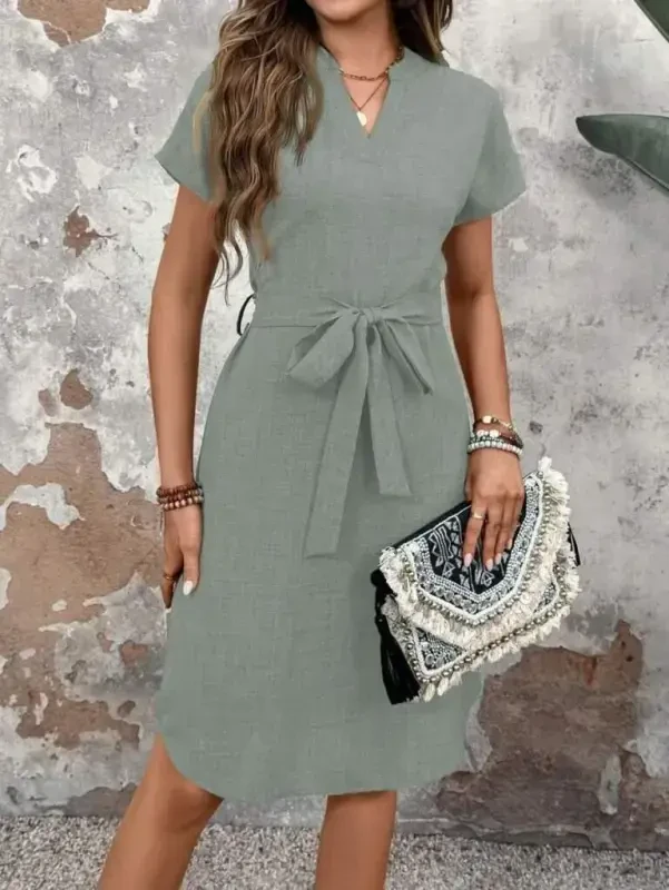 Women's Short Sleeve V Neck Belted Waist Valencia Dress - 3