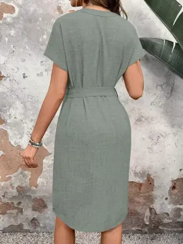 Women's Short Sleeve V Neck Belted Waist Valencia Dress - 4