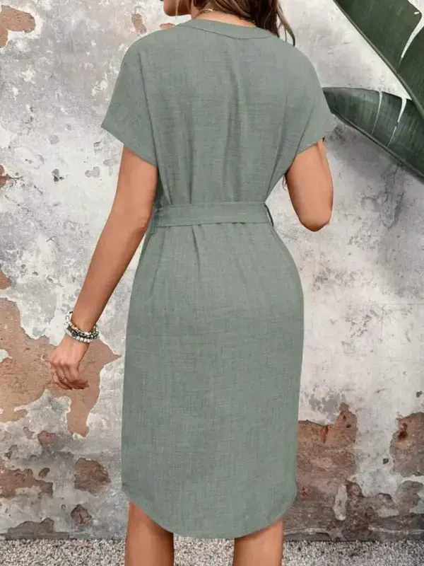 Women's Short Sleeve V Neck Belted Waist Valencia Dress - 4