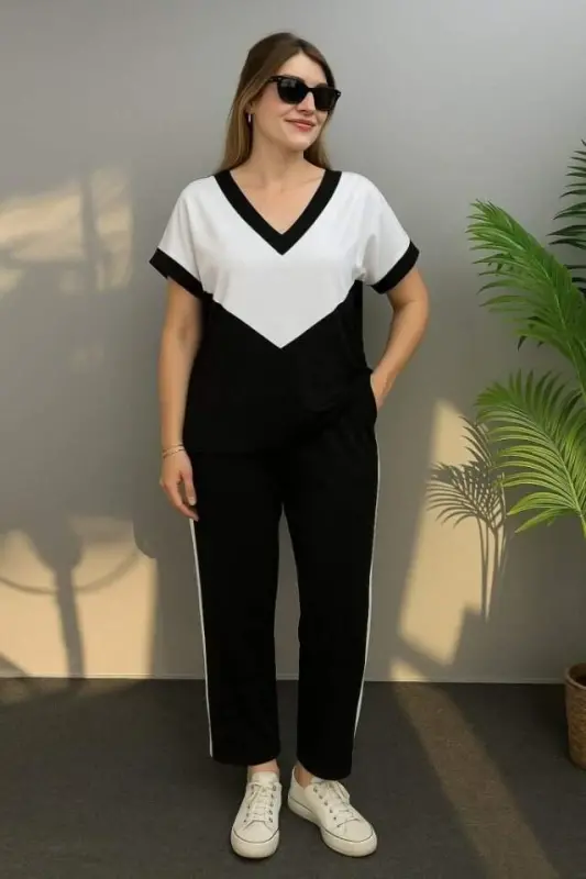 Women's Short Sleeve V-Neck Black White Color Viscose Two Thread Fabric Tracksuit - BÜYÜKBEDENIZ
