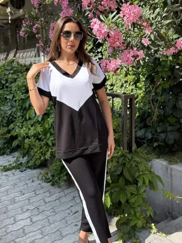 Women's Short Sleeve V-Neck Black White Colorful Viscose Two Thread Fabric Tracksuit - 1