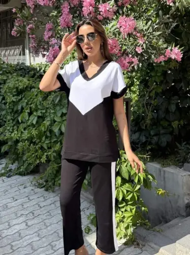 Women's Short Sleeve V-Neck Black White Colorful Viscose Two Thread Fabric Tracksuit - BÜYÜKBEDENIZ (1)