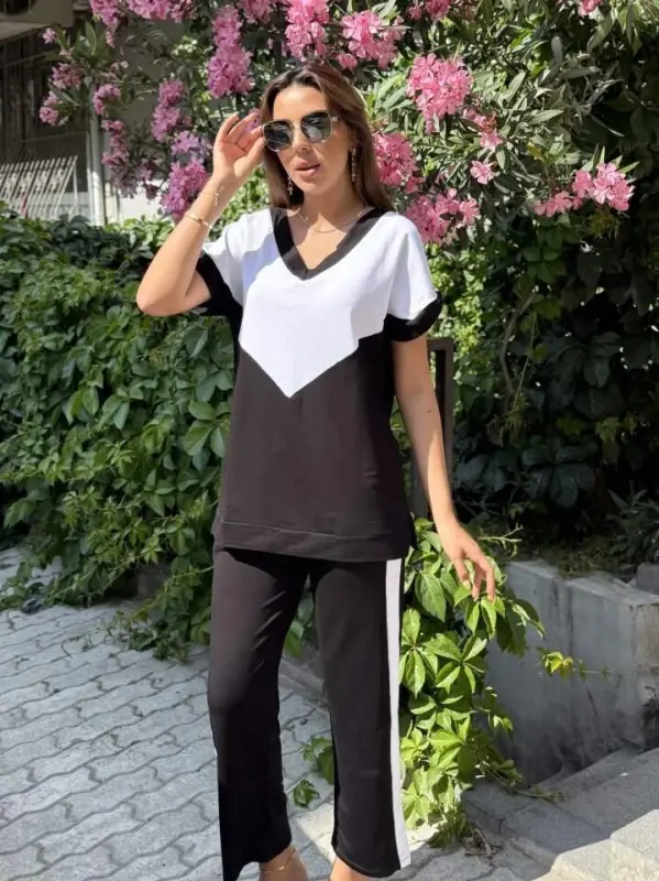 Women's Short Sleeve V-Neck Black White Colorful Viscose Two Thread Fabric Tracksuit - 2