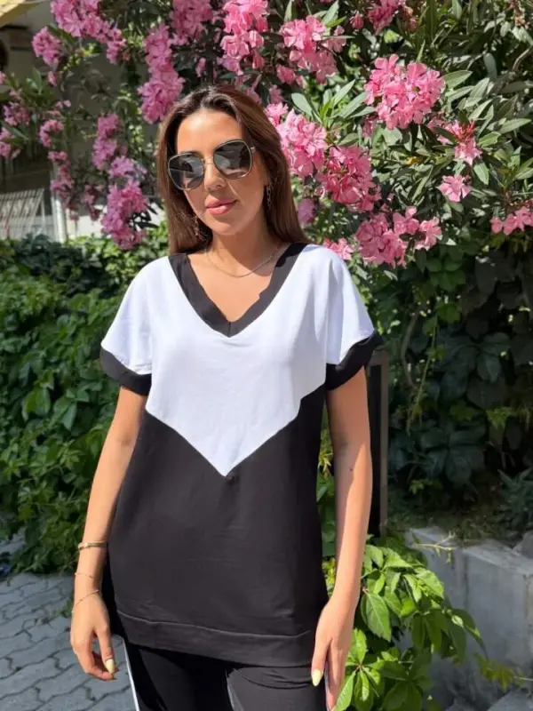 Women's Short Sleeve V-Neck Black White Colorful Viscose Two Thread Fabric Tracksuit - 3