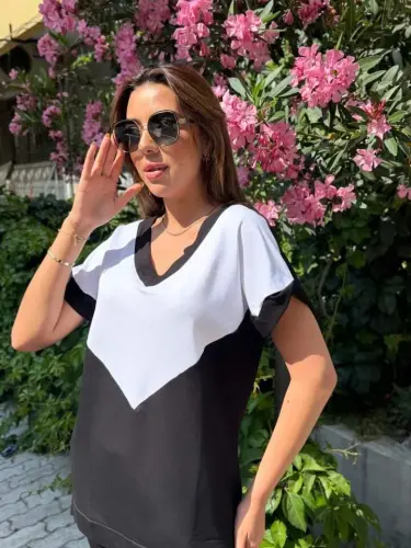 Women's Short Sleeve V-Neck Black White Colorful Viscose Two Thread Fabric Tracksuit - 4