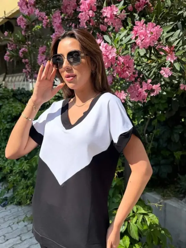 Women's Short Sleeve V-Neck Black White Colorful Viscose Two Thread Fabric Tracksuit - 4