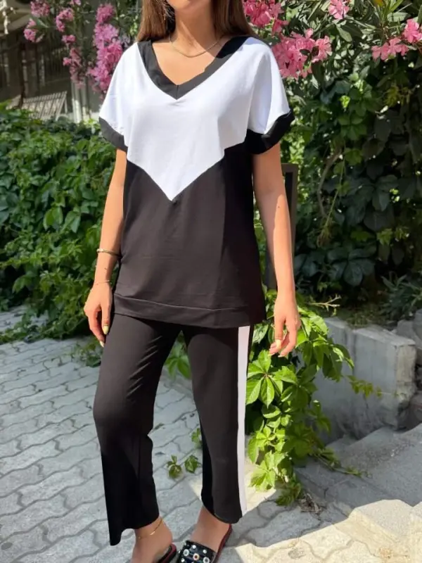 Women's Short Sleeve V-Neck Black White Colorful Viscose Two Thread Fabric Tracksuit - 5