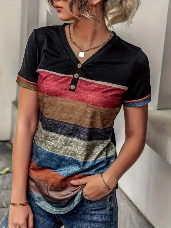 Women's Short Sleeve V Neck Button Down Multicolor Supreme Blouse - 1