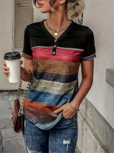 Women's Short Sleeve V Neck Button Down Multicolor Supreme Blouse - 2