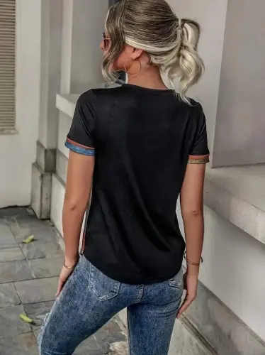 Women's Short Sleeve V Neck Button Down Multicolor Supreme Blouse - 3