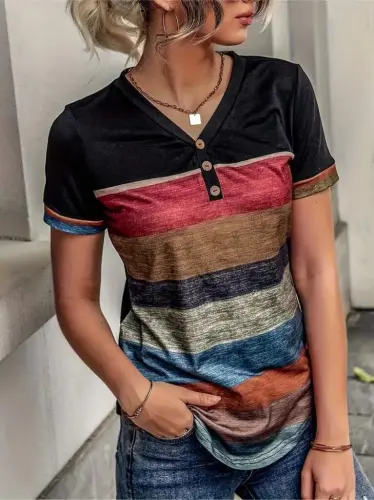 Women's Short Sleeve V Neck Button Down Multicolor Supreme Blouse - 4