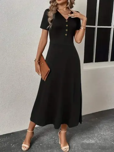 Women's Short Sleeve V-Neck Button-Down Slit Midi Viscose Dress - BÜYÜKBEDENIZ (1)