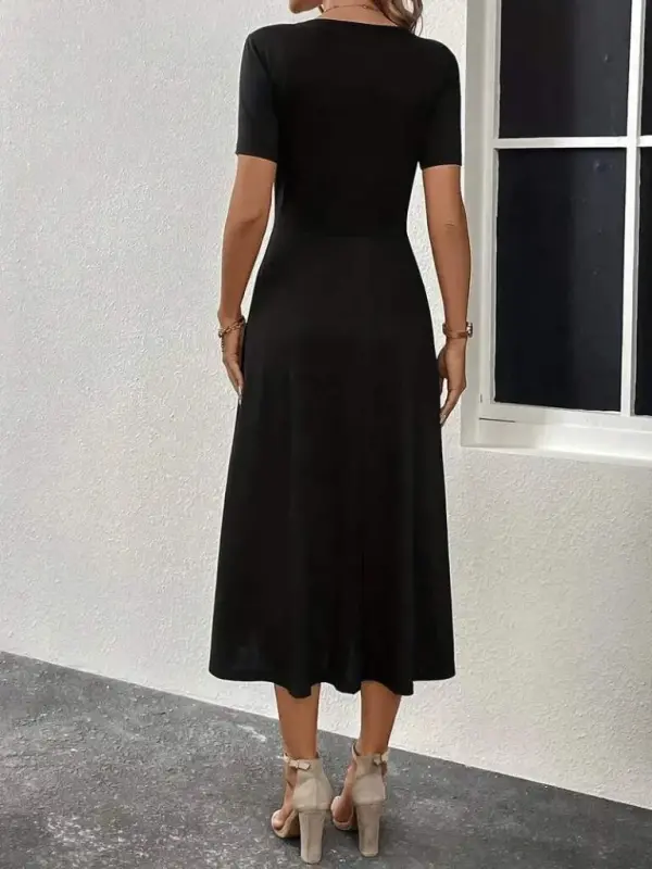 Women's Short Sleeve V-Neck Button-Down Slit Midi Viscose Dress - 3