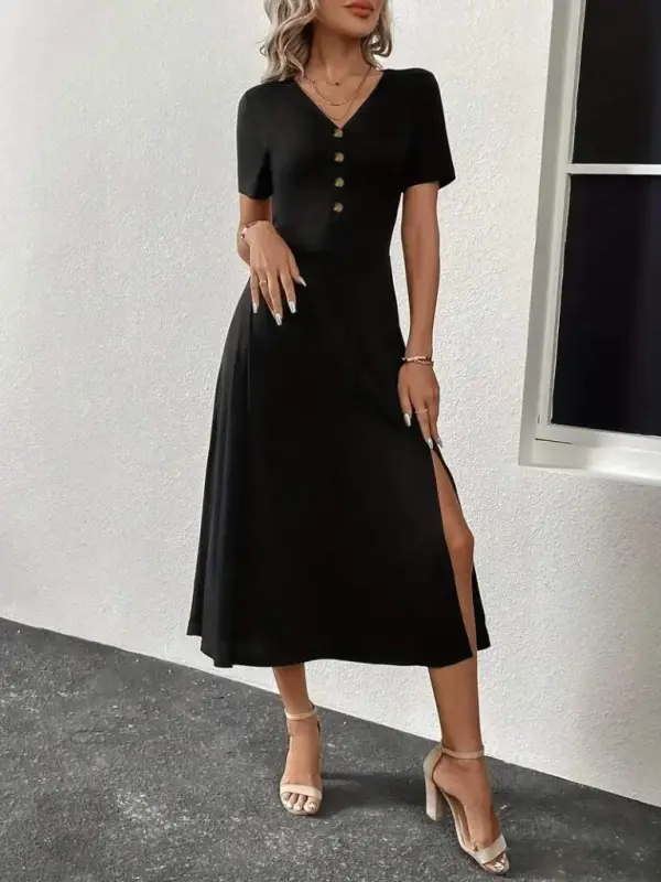Women's Short Sleeve V-Neck Button-Down Slit Midi Viscose Dress - 4